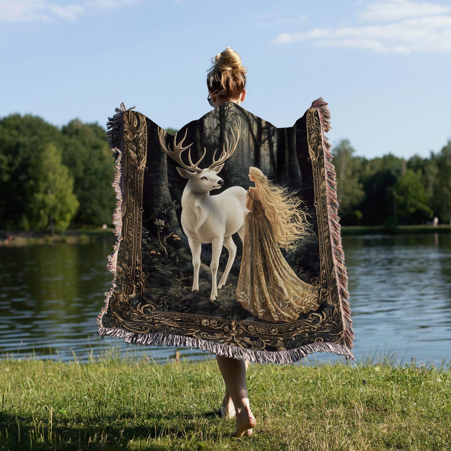 White Stag vs Aelin Of The Forest Realms Fantasy Woven Blanket