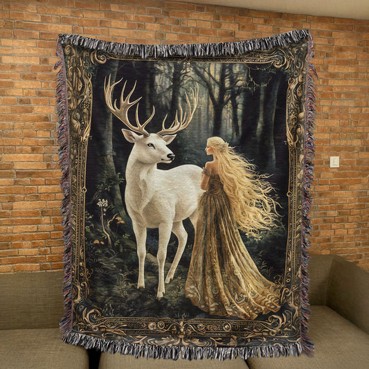 White Stag vs Aelin Of The Forest Realms Fantasy Woven Blanket